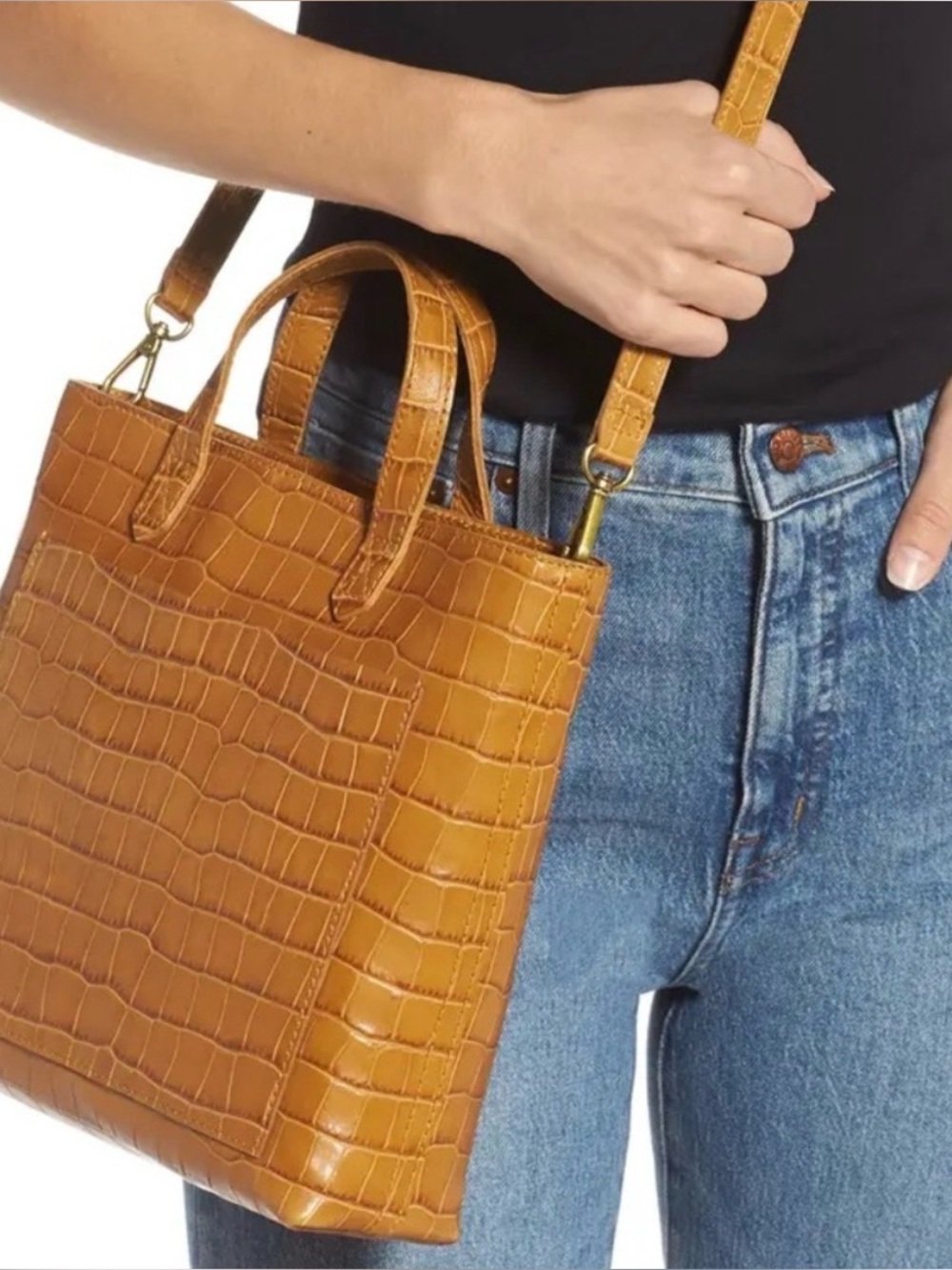 Madewell Leather Croc-Embossed Small Transport Tote Bag in Golden Tan